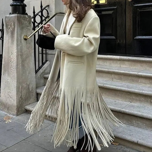 Tassel Apricot Women's Coat Elegant Autumn Long Sleeve Lapel Female Coats 2024 - Picture 2 of 7